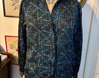 Vtg whimsy goth black celestial blouse semi-sheer whimsical evening star pattern