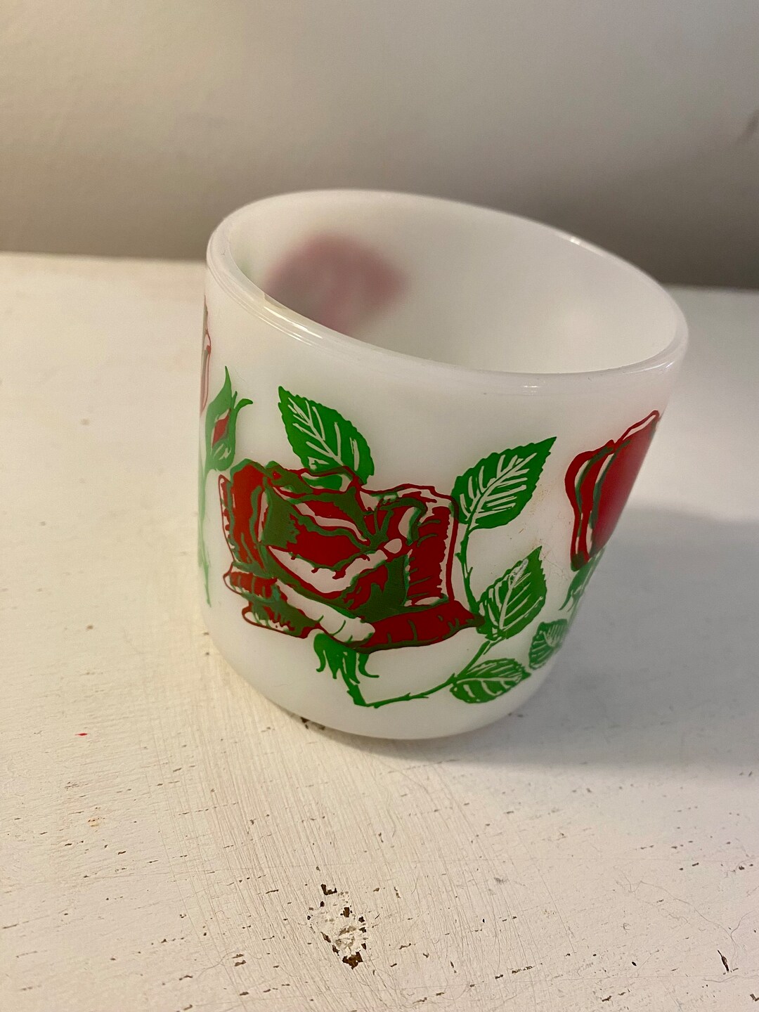 Vintage Federal Glass F Milk Glass Tea Cup With Red Rose Etsy