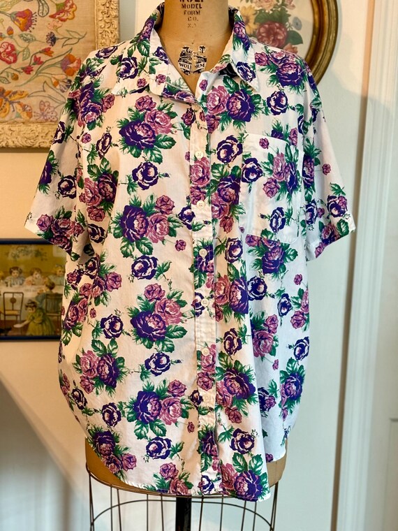 Purple roses button down top Basic Editions sz 22… - image 3