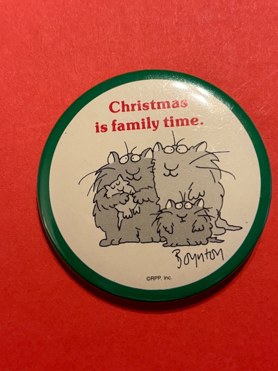 Vintage Sandra Boynton Christmas pin button cat fa