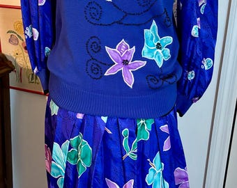 90s Neiman Marcus Silk Skirt Set: Vintage Floral Knit Sweater