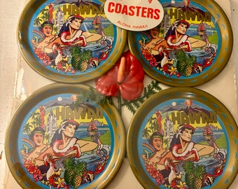 NIP mid century 4 pack Aloha Hawaii metal coaster set luau red hibiscus funky vintage coaster set Hawaiian barware
