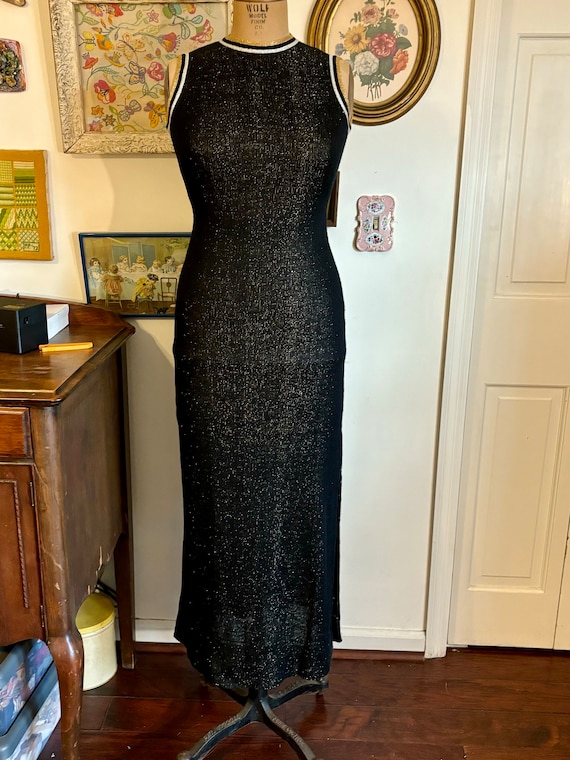 60s Mcm sparkling body con maxi dress black silver