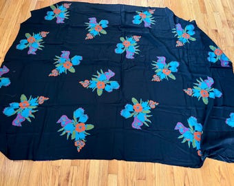 Vtg 70s black floral flower power fabric blue orange flower fabric large flowers