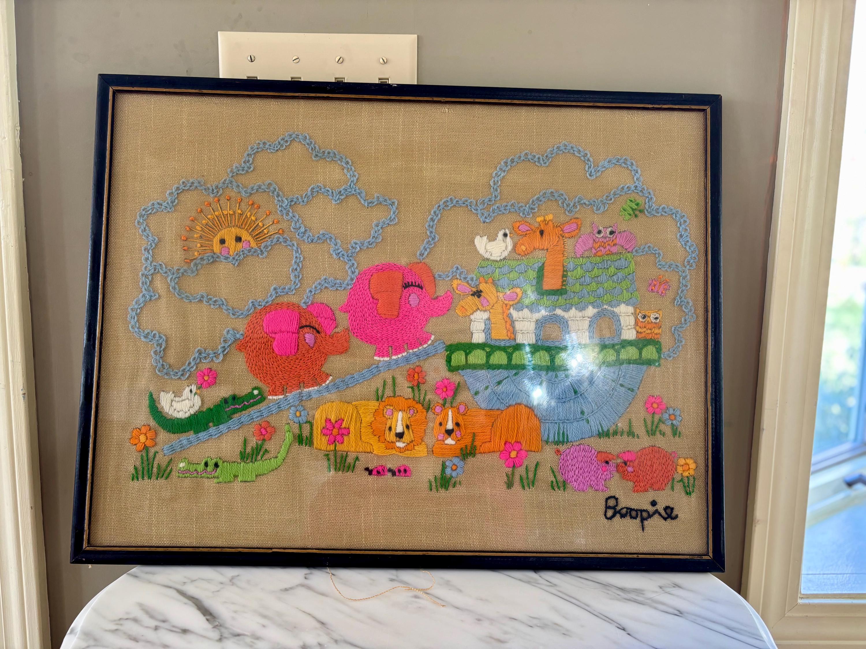 Vintage 1973 Noah's Ark Crewel Embroidery Piece by Avon