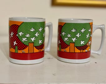 Retro 70s peace dove bright orange green mugs Japan funky retro patterned trees coffee mug groovy 70s mugs