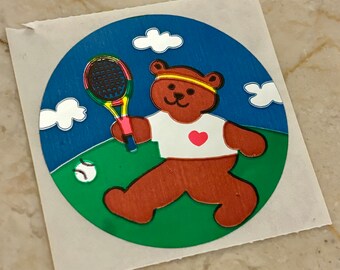 Vintage 80s Sandylion foil bear playing tennis sticker mod new on original backing
