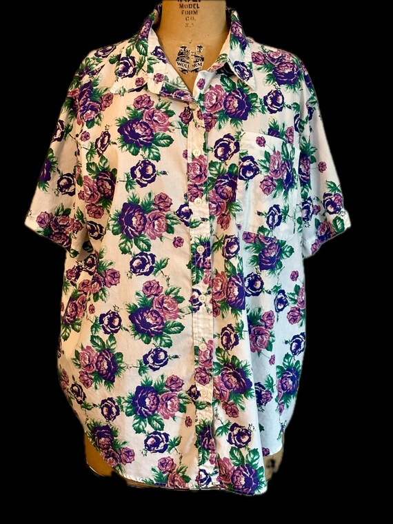 Purple roses button down top Basic Editions sz 22… - image 1