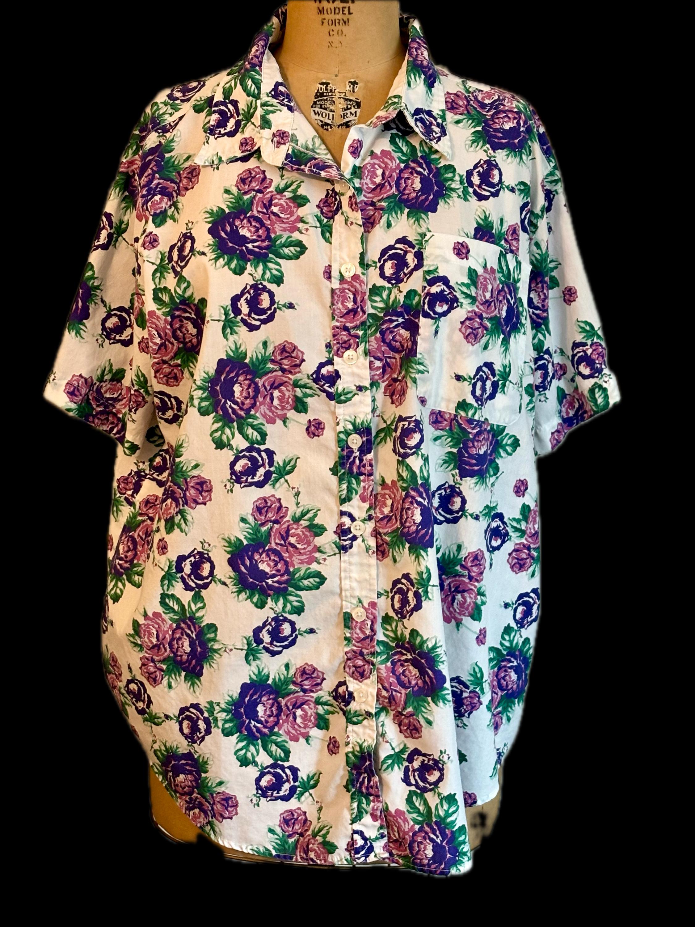 Purple Roses Button Down Top Basic Editions Sz 22 Volup Friendly Floral ...