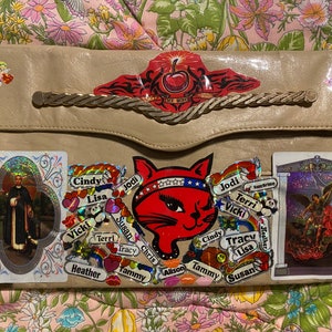 52 Girls & 1 Jesus Upcycled 80s Tek Orr purse leather retro vintage 80s 90s stickers winking cat sticker Valentines