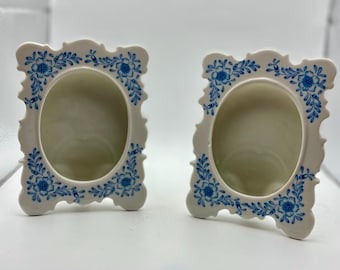 Vintage Andrea by Sadek White Porcelain Oval Picture Frame set of 2 Blue & White flower border 9303