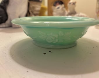 Vtg Avon green teal jade milk glass bowl detailed pattern swirl trinket dish