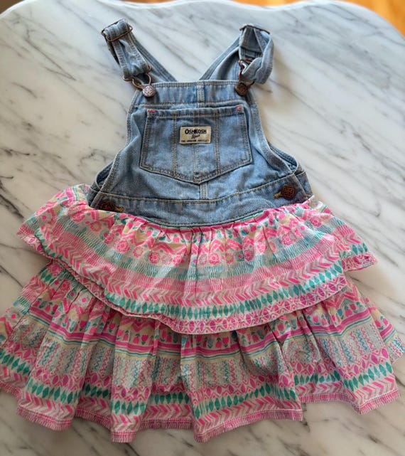 oshkosh denim overall dress 90s Oshkosh B'gosh Girls Denim Dress Size 18 Months Jean Jumper Dark Wash Made in USA Vintage