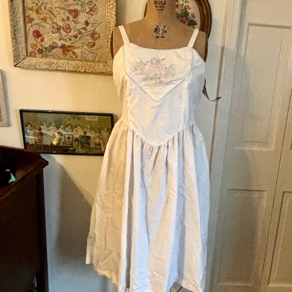 Deadstock Vintage Miss Joni CA sundress w embroidered pastel flowers NWT sz 14 style 0927 white 70s  sundress midi pink flowers on bodice