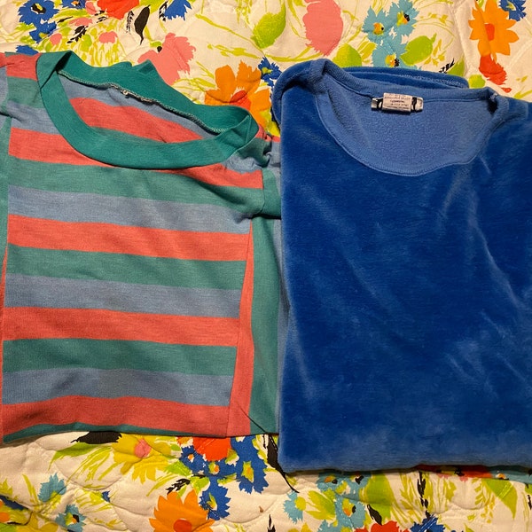 Lot of 2 retro 80s tops striped dolman sleeves slouch top velour velveteen blue Teddi M fall winter vintage tops