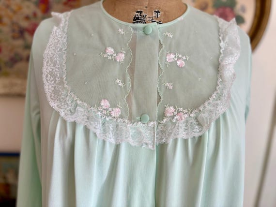 Vtg 60s mint green housedress pink flower buds la… - image 1