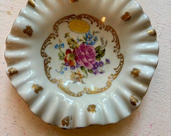 Limoges Porcelain ashtray floral gold paint Mid century handpainted Porcelaine de France Limoges ashtray