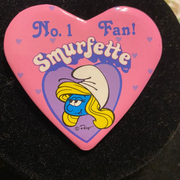 Vintage 80s Peyo No. 1 Fan Smurfette Smurf pink Purple Heart pin