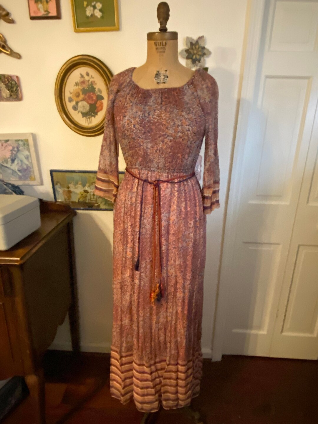 Vintage Boho 70s A.J Bari Autumn Chiffon Floral Peasant Maxi Dress ...