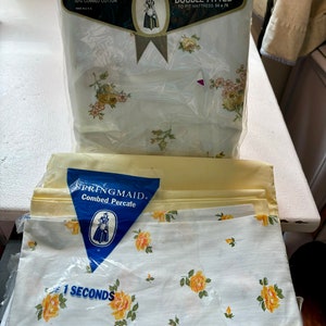 60s yellow flat and fitted sheets set double  NIP Deadstock flower power yellow roses 81x108 USA Springmaid Combed Percale bedding 1 seconds