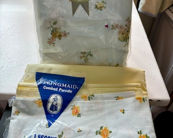 60s yellow flat and fitted sheets set double  NIP Deadstock flower power yellow roses 81x108 USA Springmaid Combed Percale bedding 1 seconds