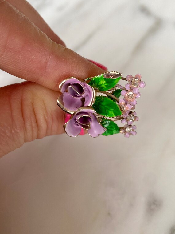 Vintage 40s 50s lavender rose enamel rhinestones … - image 6