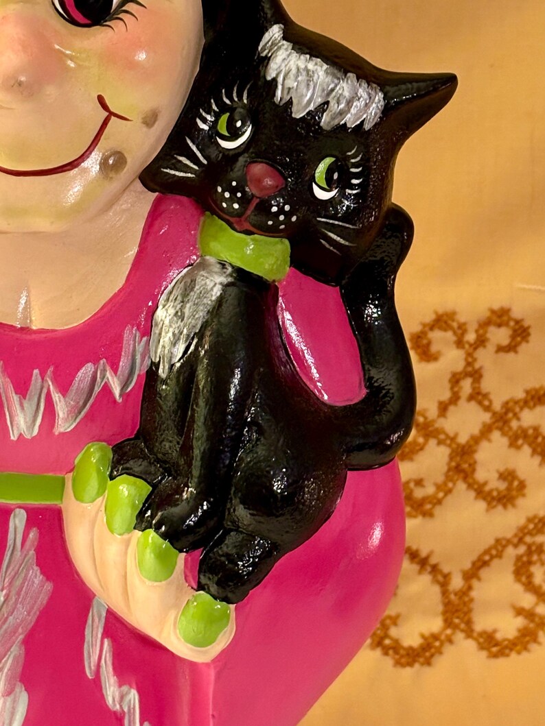 Ceramic Bride of Frankenstein Black Cat Jack O Lantern Large Hand
