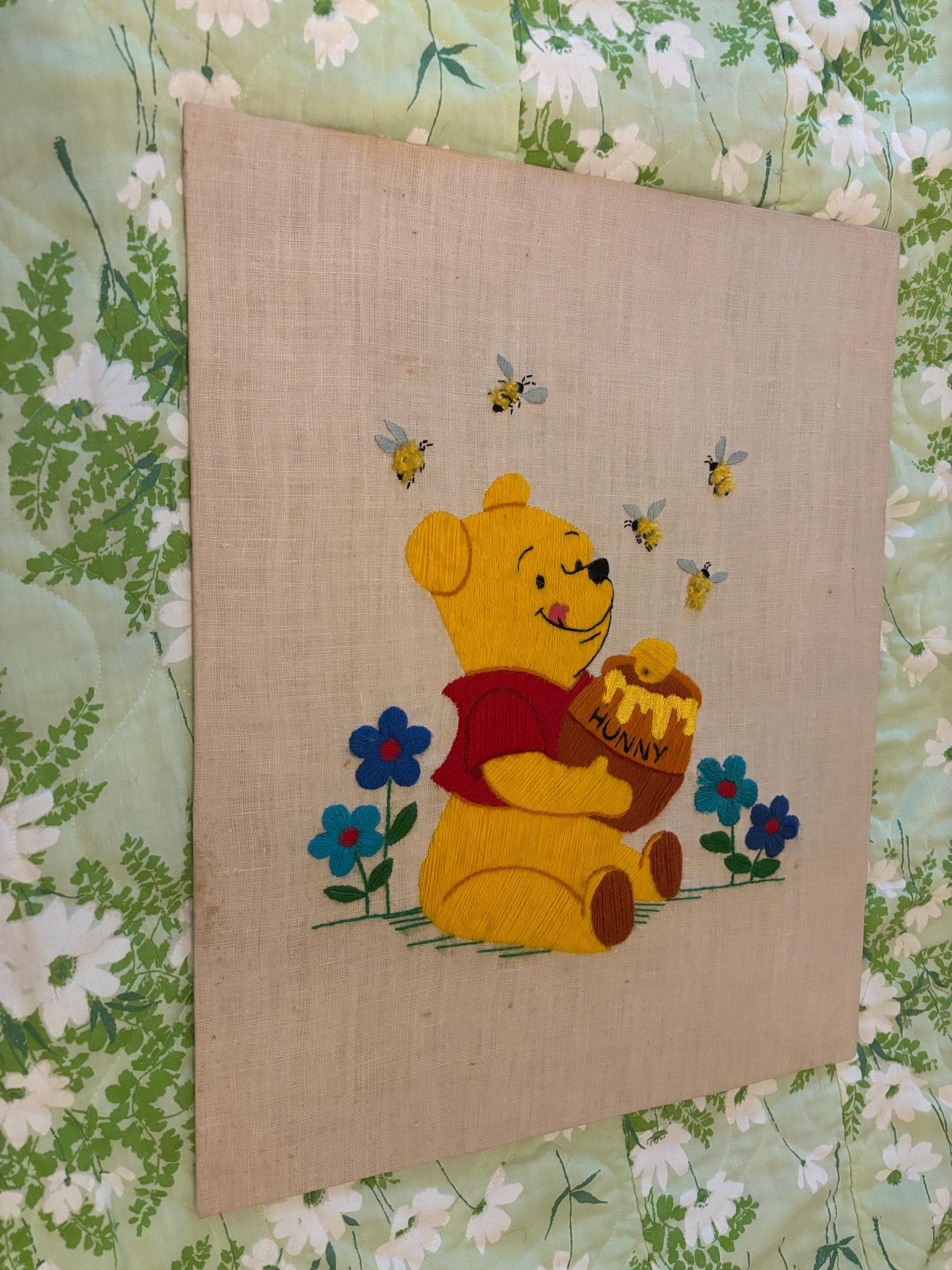 Vintage Winnie the Pooh Crewel Art, Embroidered Hunny Pot, 70s-80s Decor