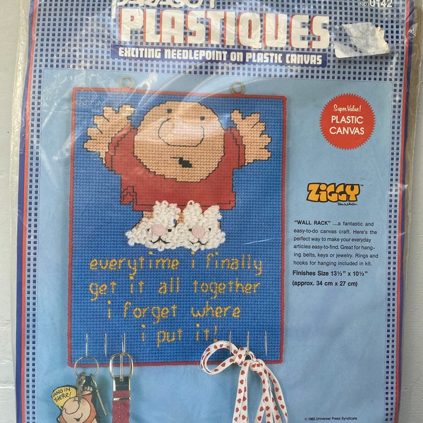 Vintage NIP 1983 Ziggy comic character cross stitch art  needlepoint Paragon Plastiques key holder