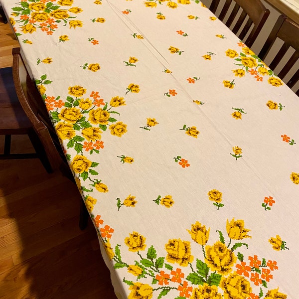 Vintage mid century 86 inch oval table cloth yellow orange roses flowers floral EUC yellow rosebud fall tablecloth autumn themed table cover
