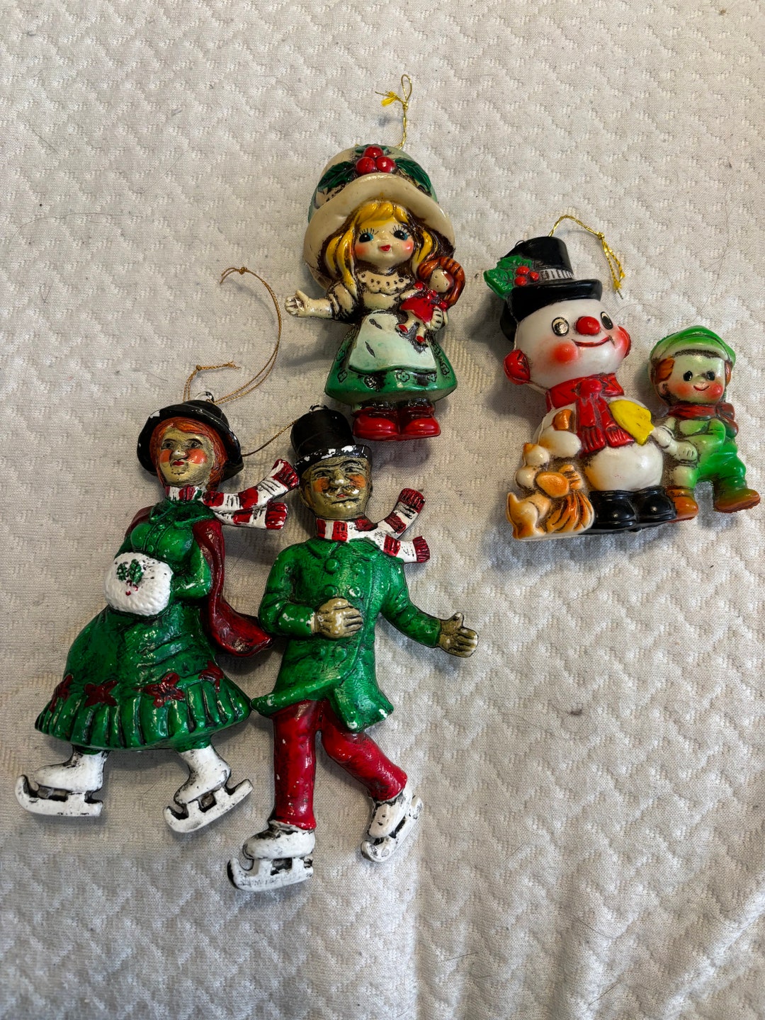 Lot of 4 Vintage Blow Mold Christmas Tree Ornaments Boy Girl Ice