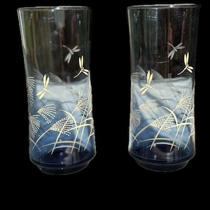 2 Libbey bolero wheat and dragonfly MCM dusky blue tumblers drinking glasses vintage libbey