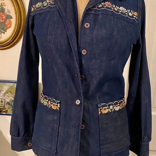 Vintage retro denim floral embroidered embellished blazer jacket Hanna Jeffery’s 70s 80s