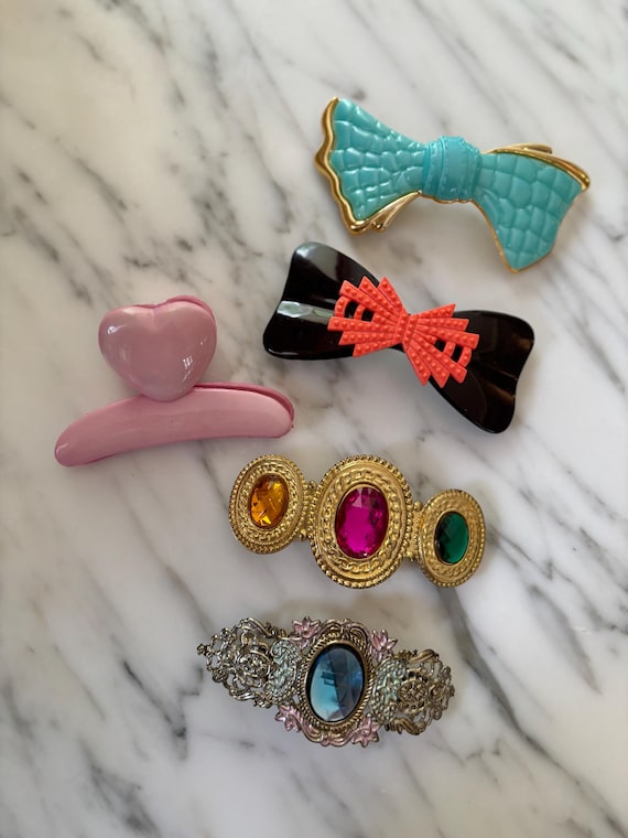 Vtg retro hair clip barrette clip lot plastic hair bow barrette gaudy hair clips