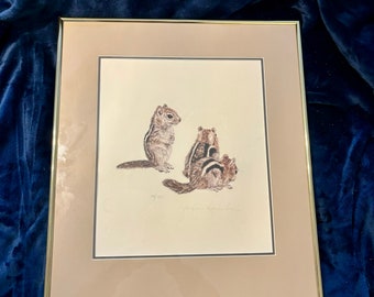 Large professionally framed “Ground Squirrel” sketch by Jacquine Marie Vaux art piece 184/750 chipmunk art nature sketches squirrel