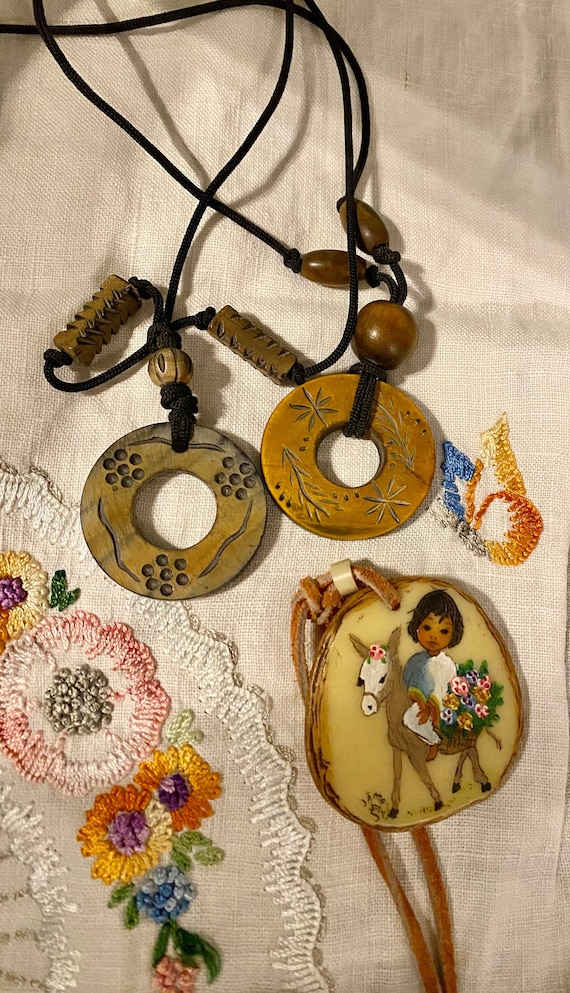 Boho necklace trio Handpainted Mexican Girl on Don