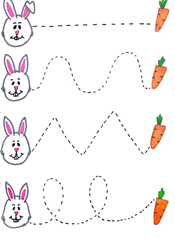 Cute rabbit jump. Handwriting practice sheet. Educational children game.  Tracing lines for kids and toddlers Stock Vector by ©ksuklein 305553904