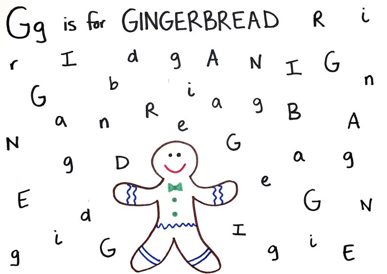 Puede incluir: Un hombre de jengibre con una sonrisa roja, botones verdes y una corbata de lazo verde. Las letras G, I, N, G, E, R, B, R, E, A, D est&aacute;n dispersas alrededor del hombre de jengibre.