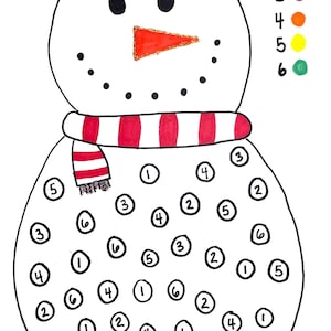 Färglägg efter nummer snögubbe, vinter, snö, arbetsblad, småbarn, förskola