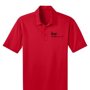 May include: Red short-sleeved polo shirt with a black embroidered logo that says "kw KELLERWILLIAMS."
