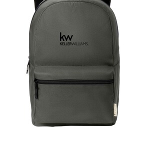May include: A dark gray backpack with a black zipper and a black logo that says "kw KELLERWILLIAMS."