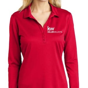 May include: Red long-sleeve polo shirt with a white embroidered logo that says "kw KELLERWILLIAMS."