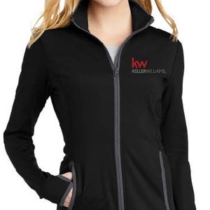 May include: Black zip-up jacket with a gray zipper and gray accents. The jacket has a logo embroidered on the left chest that says "kw KELLERWILLIAMS".