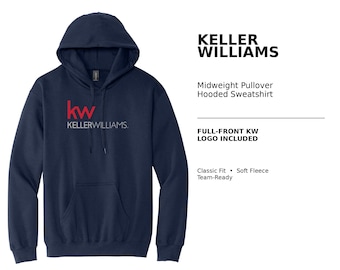 May include: A navy blue pullover hooded sweatshirt featuring a red and white Keller Williams logo on the chest. The text on the right reads: KELLER WILLIAMS, Midweight Pullover Hooded Sweatshirt, FULL-FRONT KW LOGO INCLUDED, Classic Fit, Soft Fleece, Team-Ready.