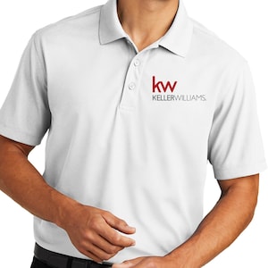 May include: White polo shirt with a red "kw" logo and the text "KELLERWILLIAMS." embroidered on the chest.