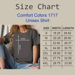 K&ouml;nnte beinhalten: Gr&ouml;&szlig;entabelle f&uuml;r ein Unisex-Shirt von Comfort Colors, mit den Ma&szlig;en f&uuml;r Breite und L&auml;nge in Zoll f&uuml;r die Gr&ouml;&szlig;en S bis 4XL.