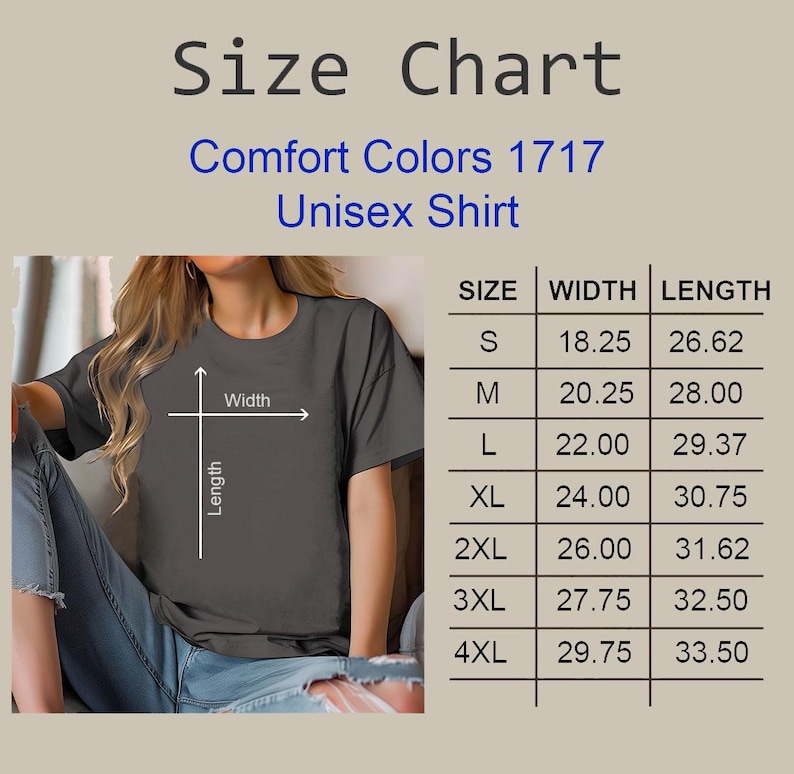 K&ouml;nnte beinhalten: Gr&ouml;&szlig;entabelle f&uuml;r ein Unisex-Shirt von Comfort Colors, mit den Ma&szlig;en f&uuml;r Breite und L&auml;nge in Zoll f&uuml;r die Gr&ouml;&szlig;en S bis 4XL.