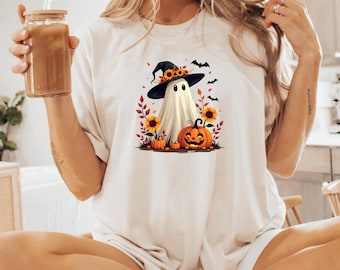 chemise d'Halloween fantôme floral vintage, chemise fantôme rétro, chemise d'Halloween à fleurs, jolie chemise fantôme, chemise automne rétro, chemise fantôme vintage
