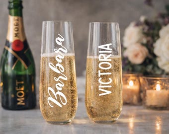 Personalized Champagne Flutes • Custom Name Glasses • Etched Wedding Glass • Bridesmaid & Bachelorette Gift • Engagement Gift • Valentine