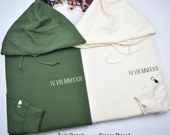 Custom Embroidered Roman Numeral Matching Hoodies | Personalized Initials Names on Sleeves | Couples Hoodies | Couples Gift | Anniversaries